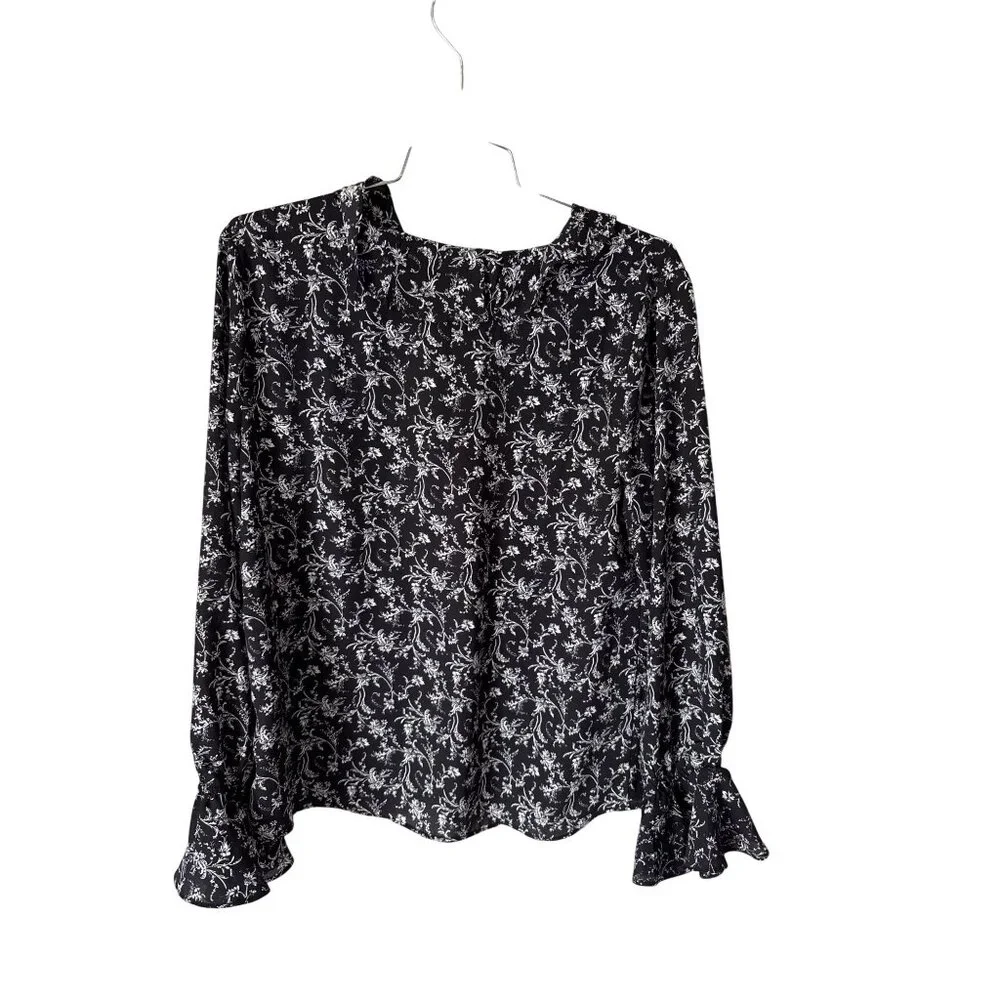 Carmen Marc Valvo Blouse Size Medium Floral Long Sleeve Blak White Witchy Boho - Picture 2 of 6